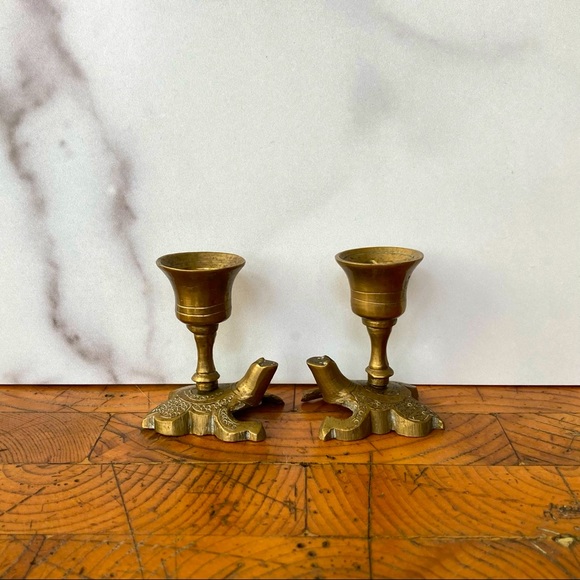 Vintage Brass Korean Turtle Frog Mini Candlesticks